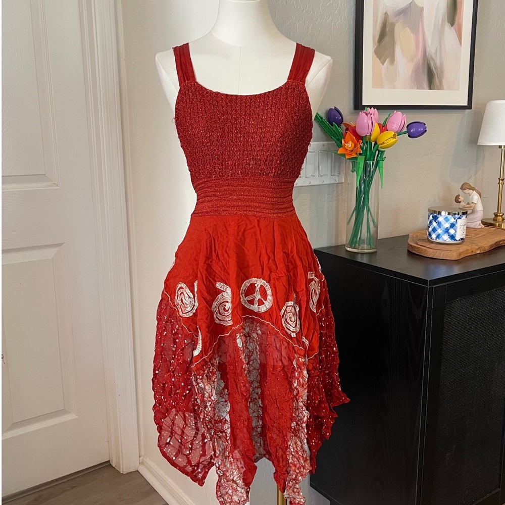 Boho Hippie Y2K fairy Handkerchief Dress Women Free Size Red Peace Sign y2k